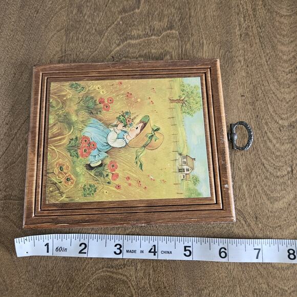 Set 2 Vtg Eva Harta Print Wooden Wall Hanging Girl Field Of Flowers MCM Cottage - Picture 3 of 4